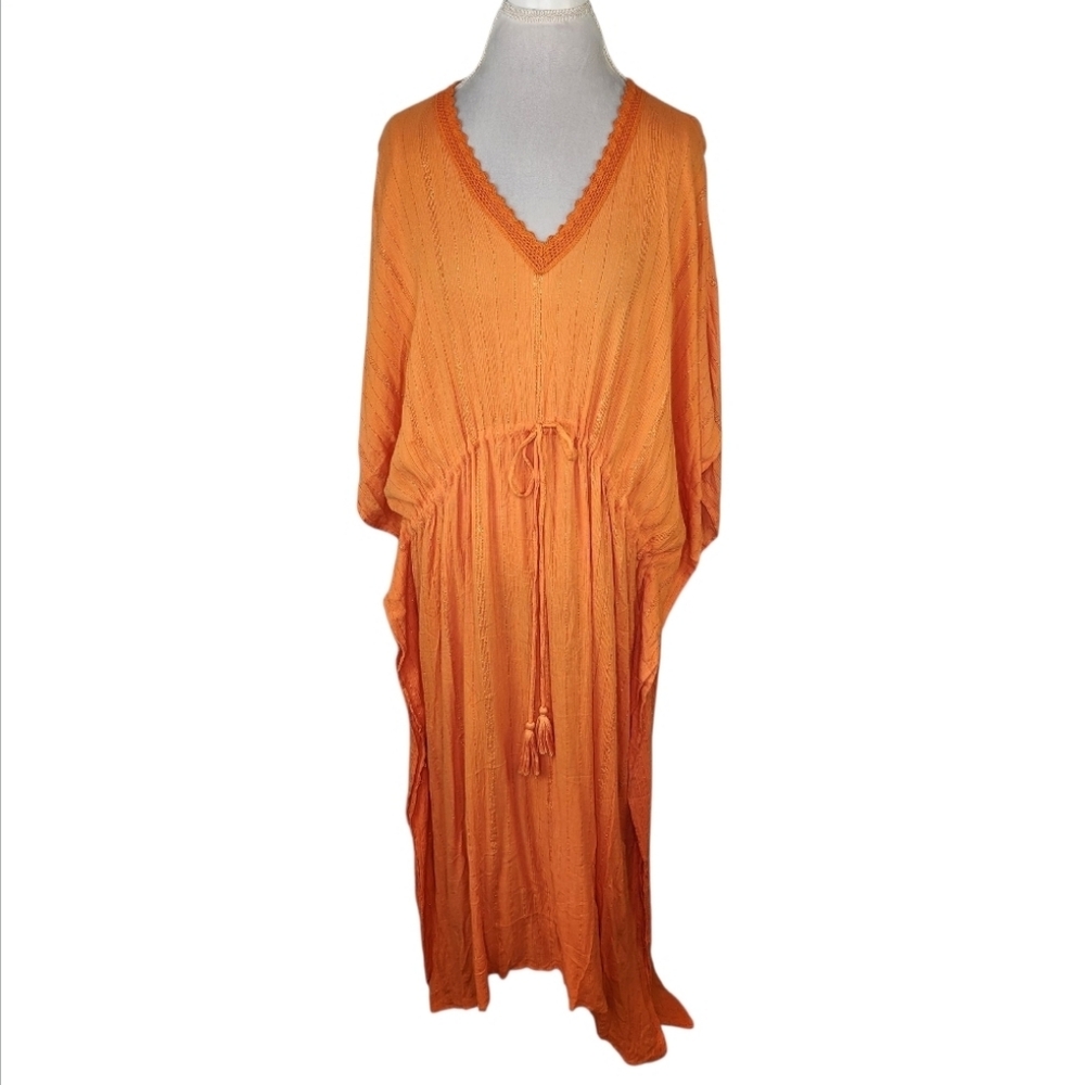 🌿 Orange Swim Cover Up, Kaftan, Casual Dress OSFM